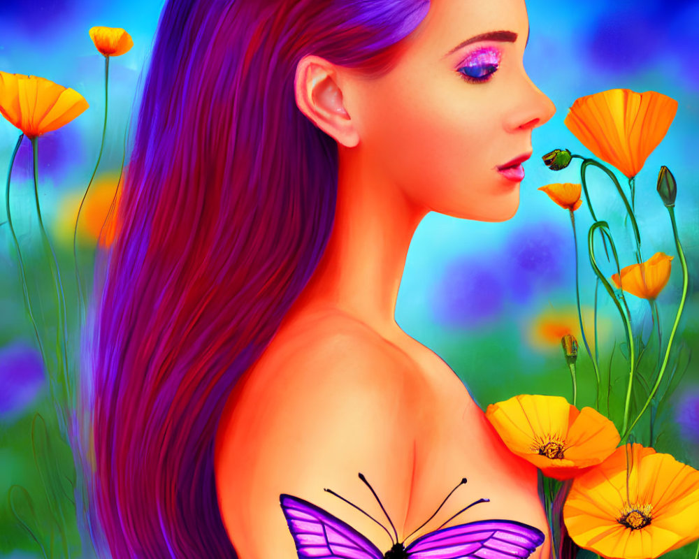 Colorful illustration: woman with purple hair, orange poppies, purple butterfly, blue background