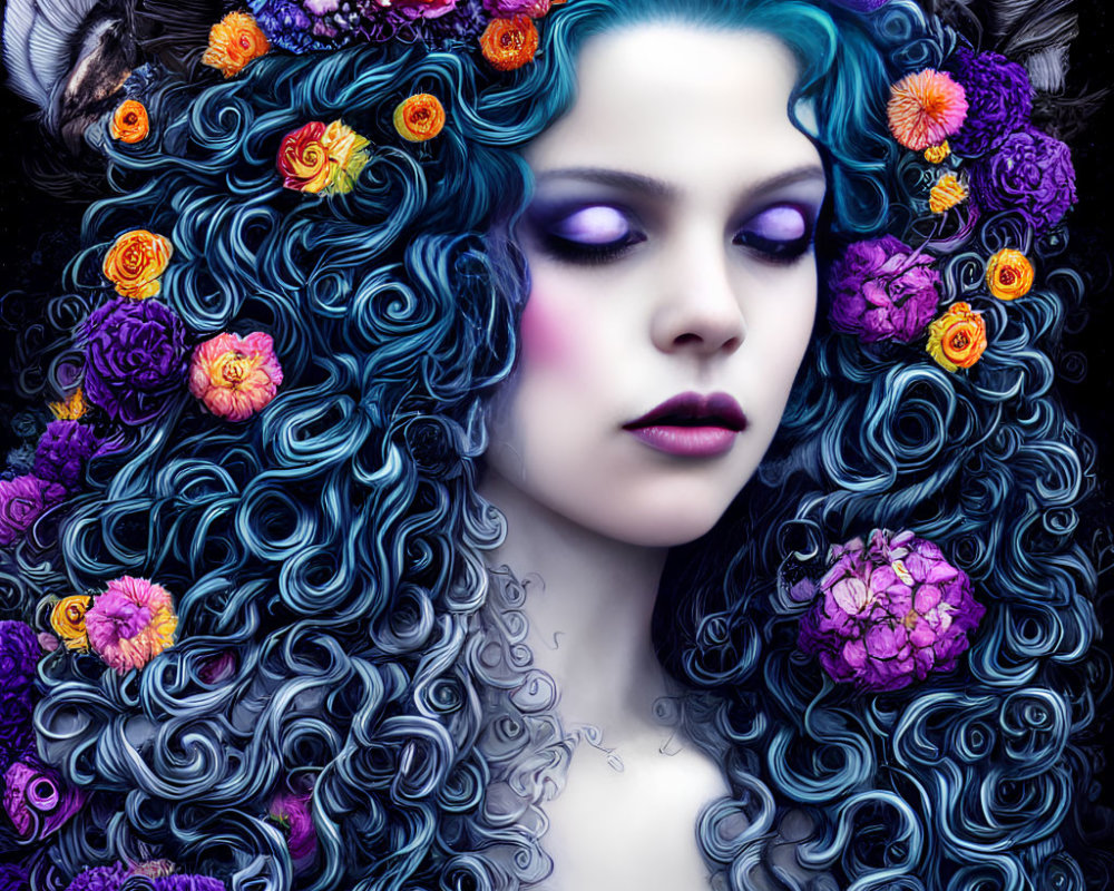 Colorful digital portrait of woman with curly blue hair and floral adornments.