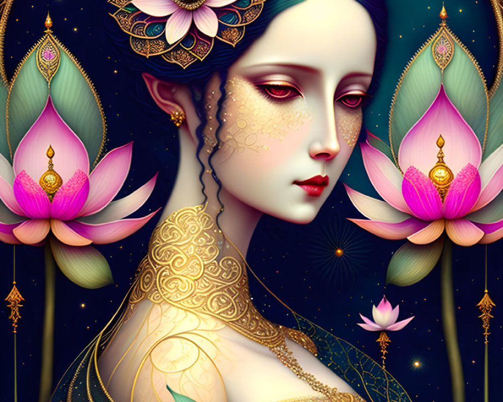 Stylized illustration of pale woman with dark hair and lotus flowers