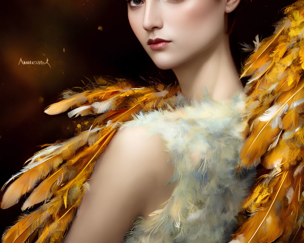 Woman portrait with serene expression and golden-brown feathers on dark backdrop