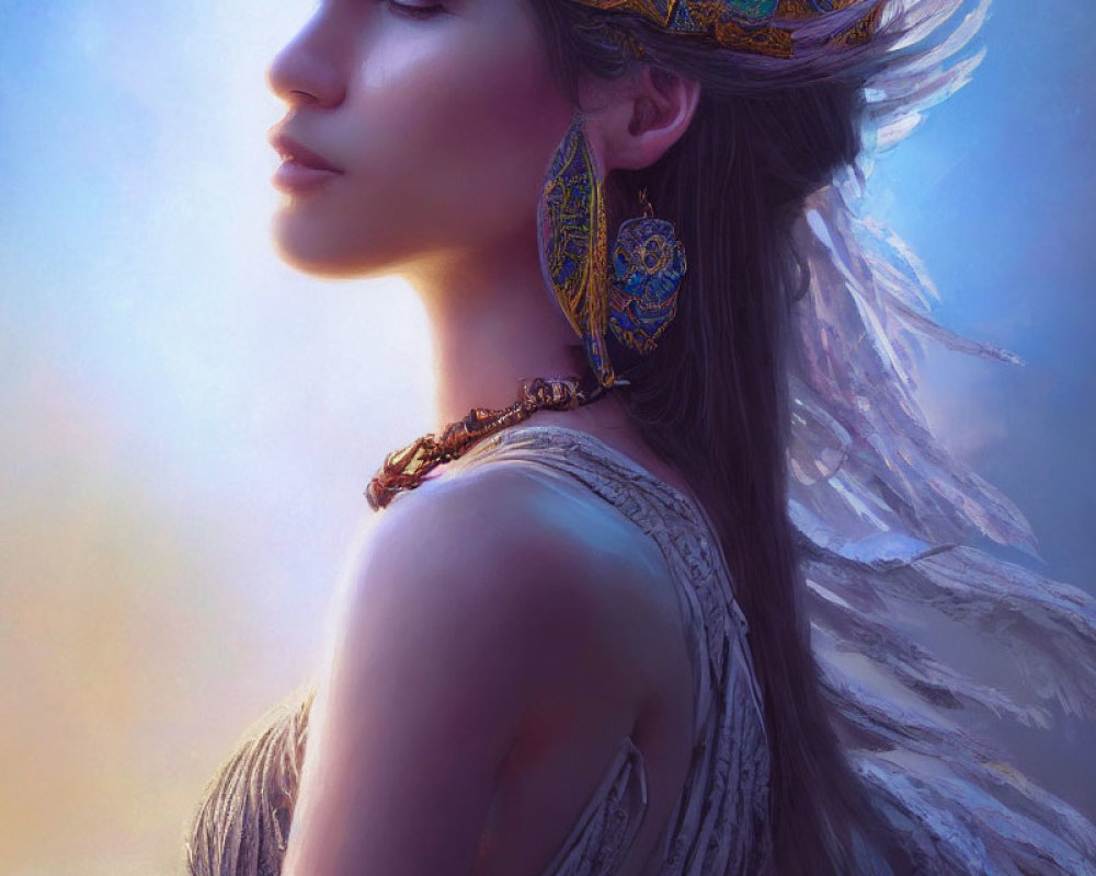 Woman with intricate jewelry, ethereal crown, and angelic feathers.