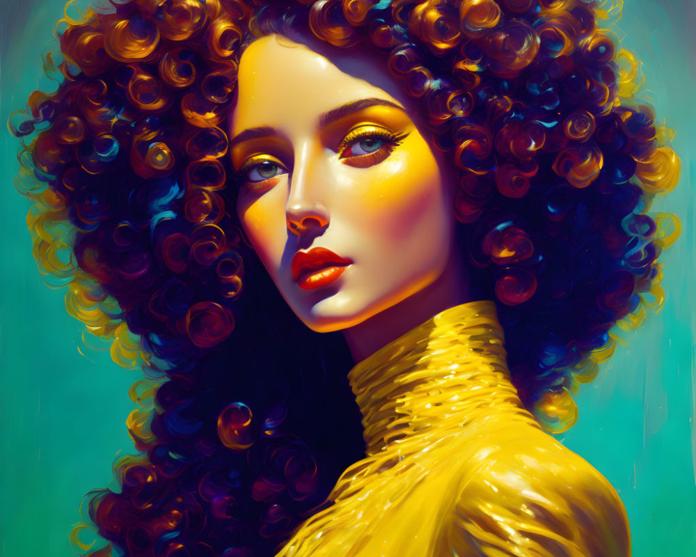 Voluminous Curly Hair Woman in Striking Yellow Attire