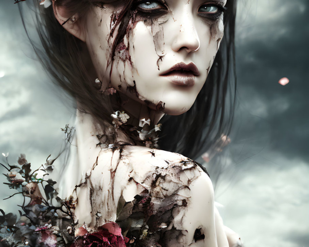 Portrait of woman with pale skin and dark floral adornments against stormy backdrop