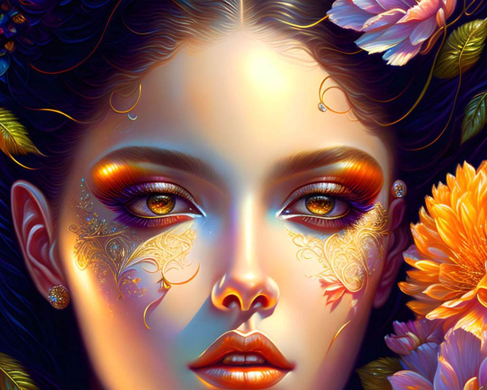 Serene woman digital painting with colorful flowers and gold filigree makeup