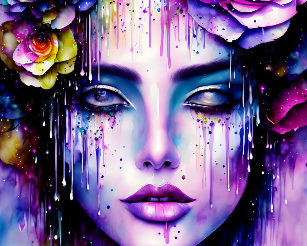 Colorful digital artwork of woman's face with dripping paint and roses - abstract and surreal.