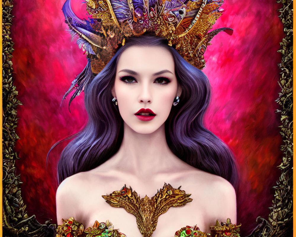 Detailed illustration of pale-skinned woman in colorful headdress and embellished attire