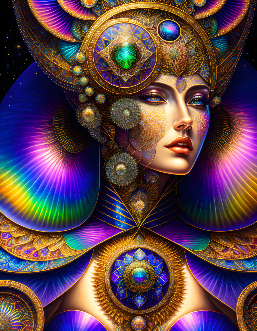 Colorful surreal female figure with mandala patterns and peacock feathers