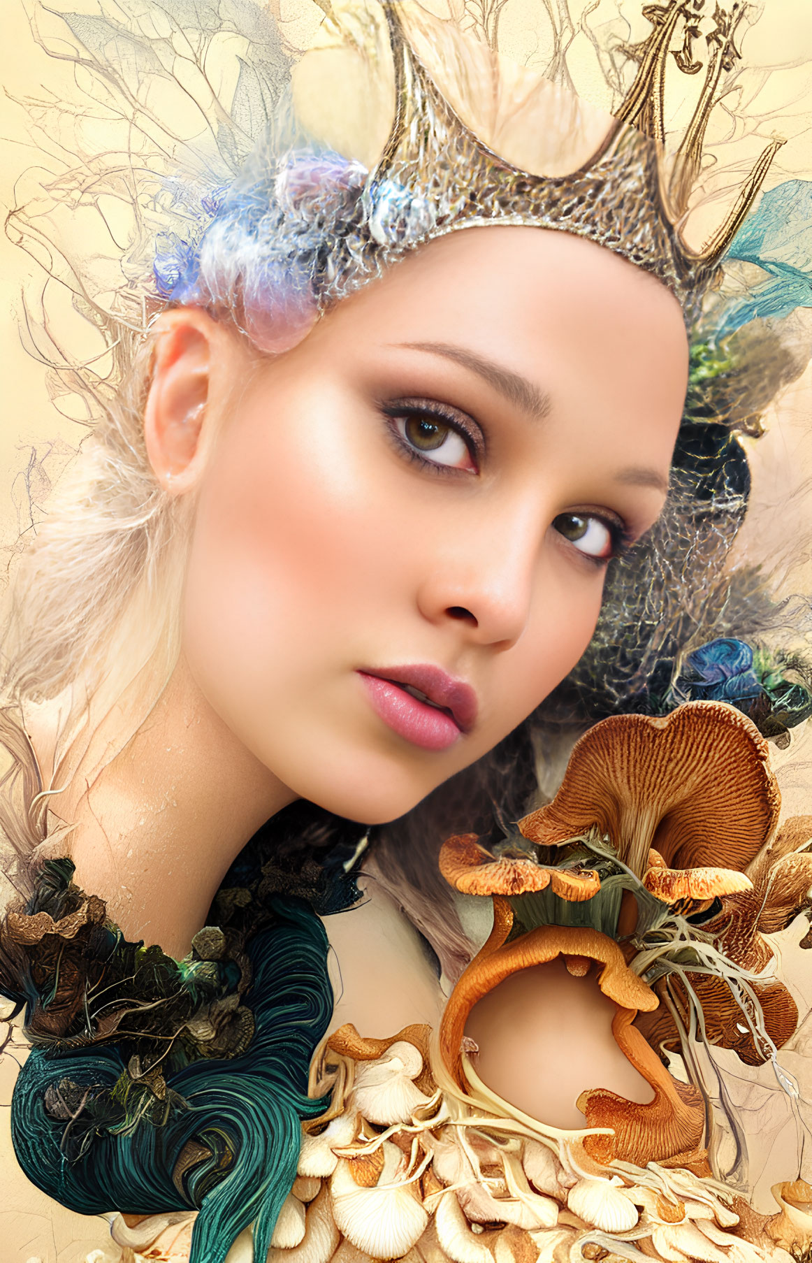 Fantasy portrait featuring woman with crown, ethereal makeup, feathers, mushrooms, and nature motifs