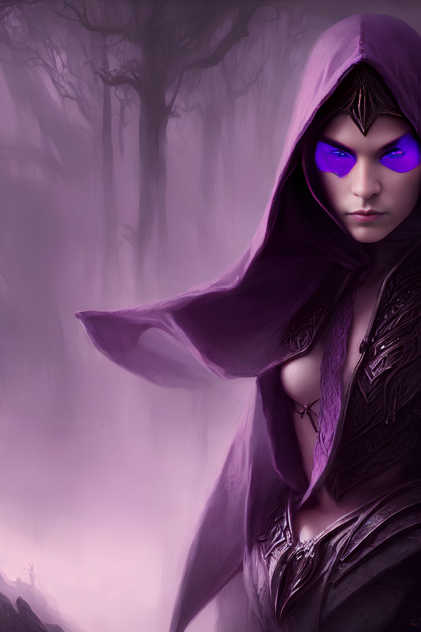 Mysterious Figure in Purple Hood with Glowing Eyes in Foggy Forest