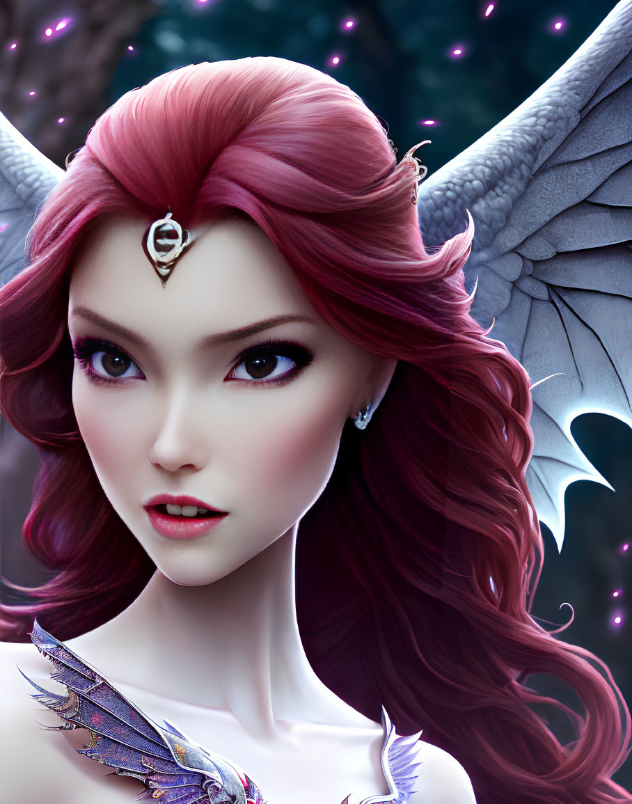 Fantastical female character with pink hair and dragonfly wings on purple background