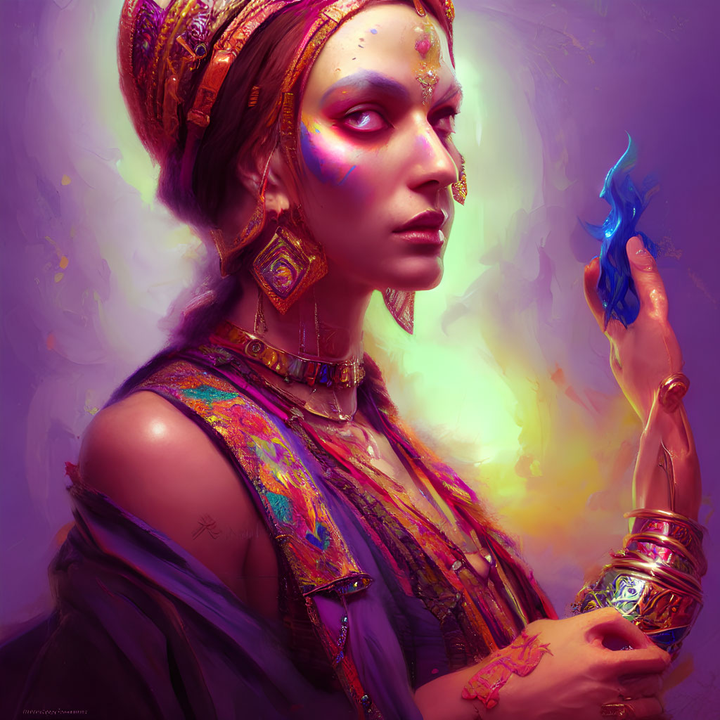 Regal woman adorned in golden jewelry holding a mystic blue flame