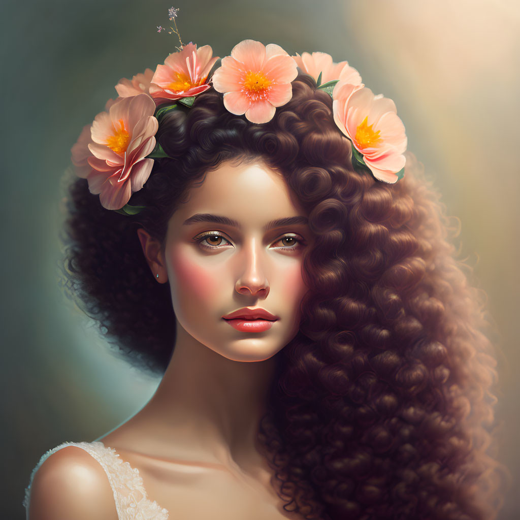 Woman with Curly Hair in Floral Crown: Serene Beauty