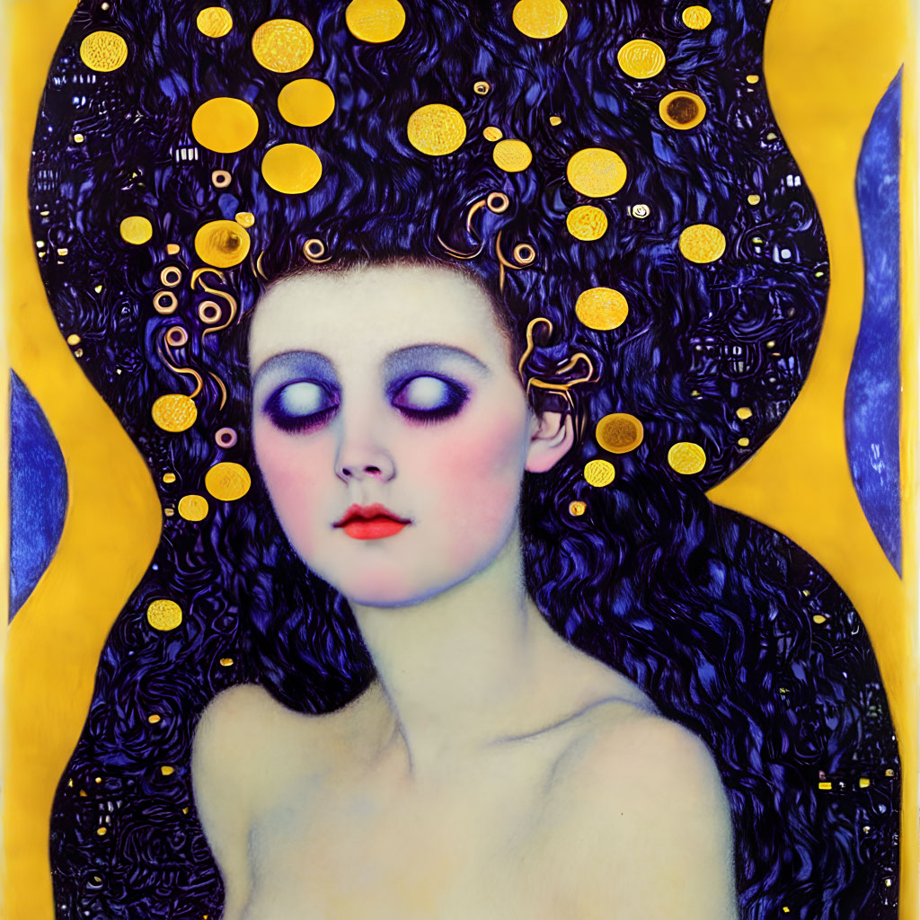 Stylized Art Nouveau portrait of pale figure with swirling dark hair on blue and gold background