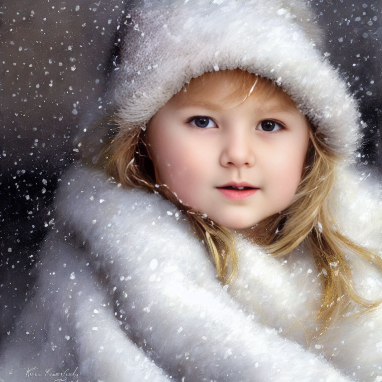 Child in white scarf and hat surrounded by snowflakes - cozy winter vibes