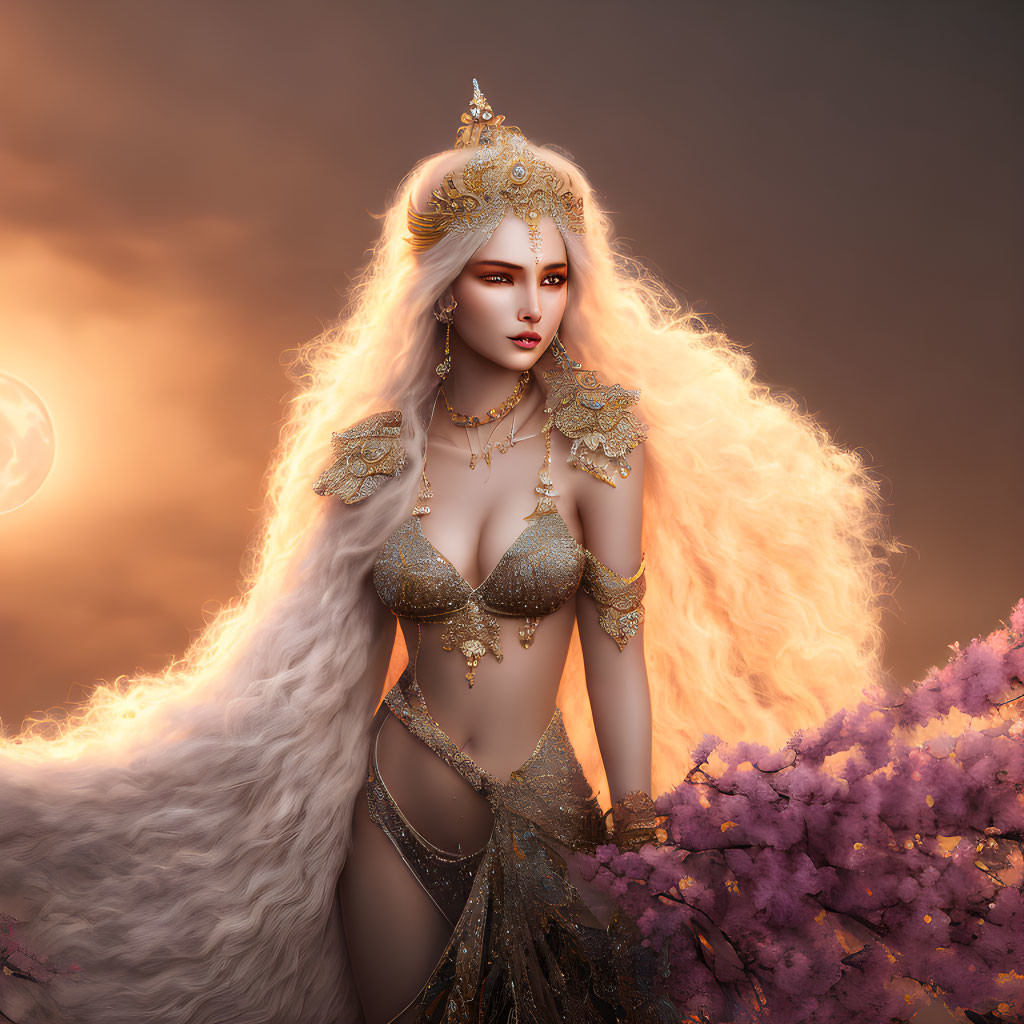 Ethereal woman adorned with golden jewelry in twilight setting