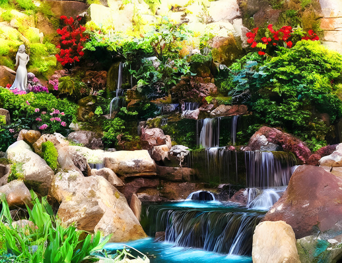 Tranquil garden with cascading waterfalls, vibrant flowers, rocks, and a hidden statue