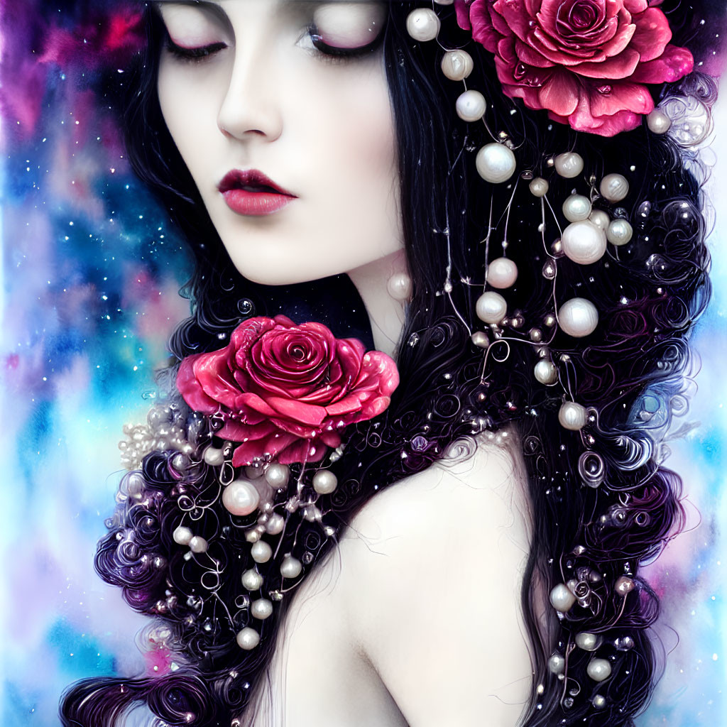 Pale-skinned woman with black hair, red roses, and pearl jewelry on starry backdrop