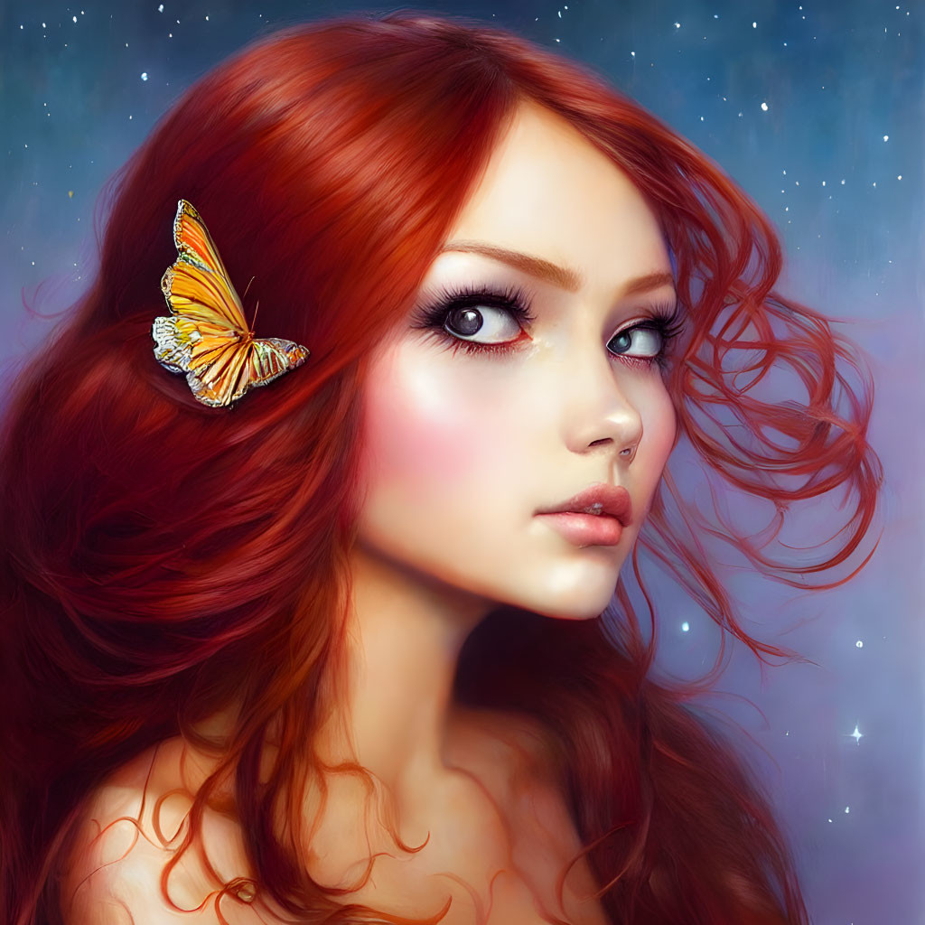 Digital portrait of woman with red hair and butterfly on starry background