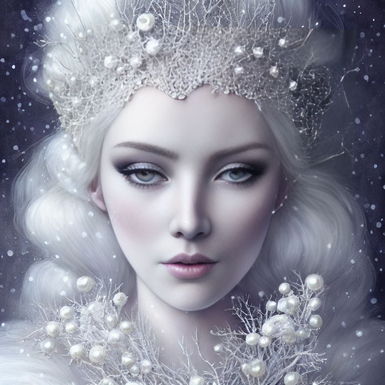 Portrait of a pale-skinned woman with silver hair and lace crown against starry backdrop