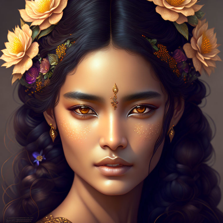 Digital portrait of woman with golden eyes and floral hairband, gold jewelry, face gems