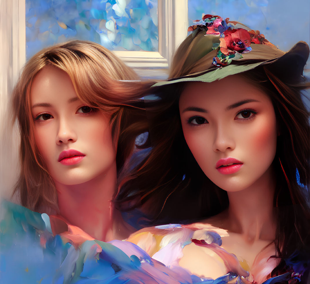 Two women with striking features in floral hat against colorful backdrop