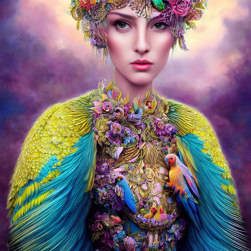 Woman portrait with ornate headdress, flower & jewel embellishments, colorful feathered garment.