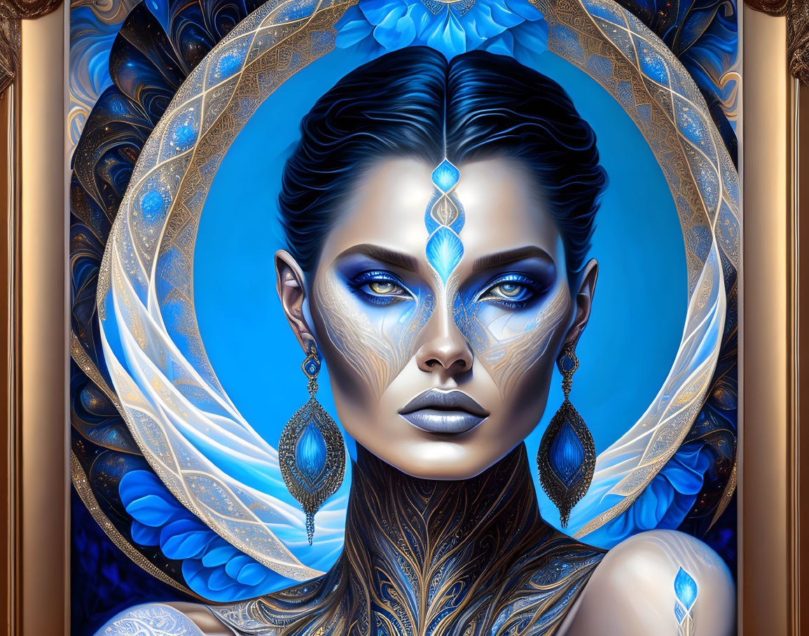 Detailed Digital Portrait of Woman with Blue Skin and Ornate Headpiece Against Peacock Feather Background