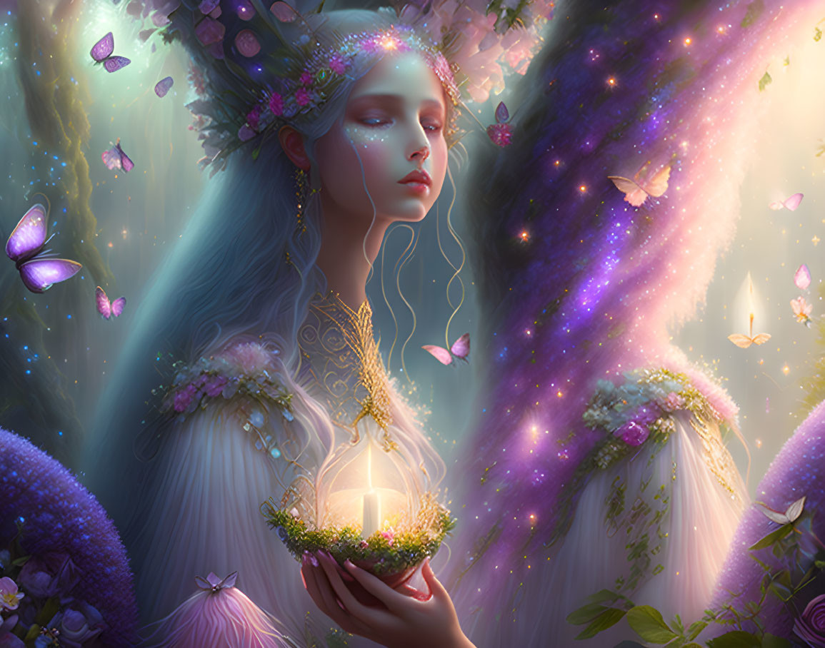 Fantasy illustration of woman with butterflies in magical forest