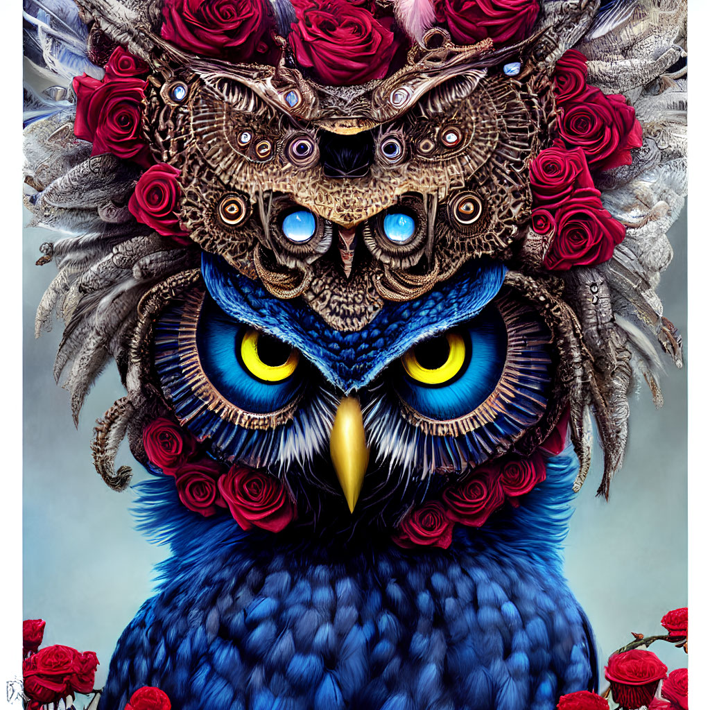 Colorful Owl Artwork with Multi-Eyed Owl, Feather Patterns, and Red Roses