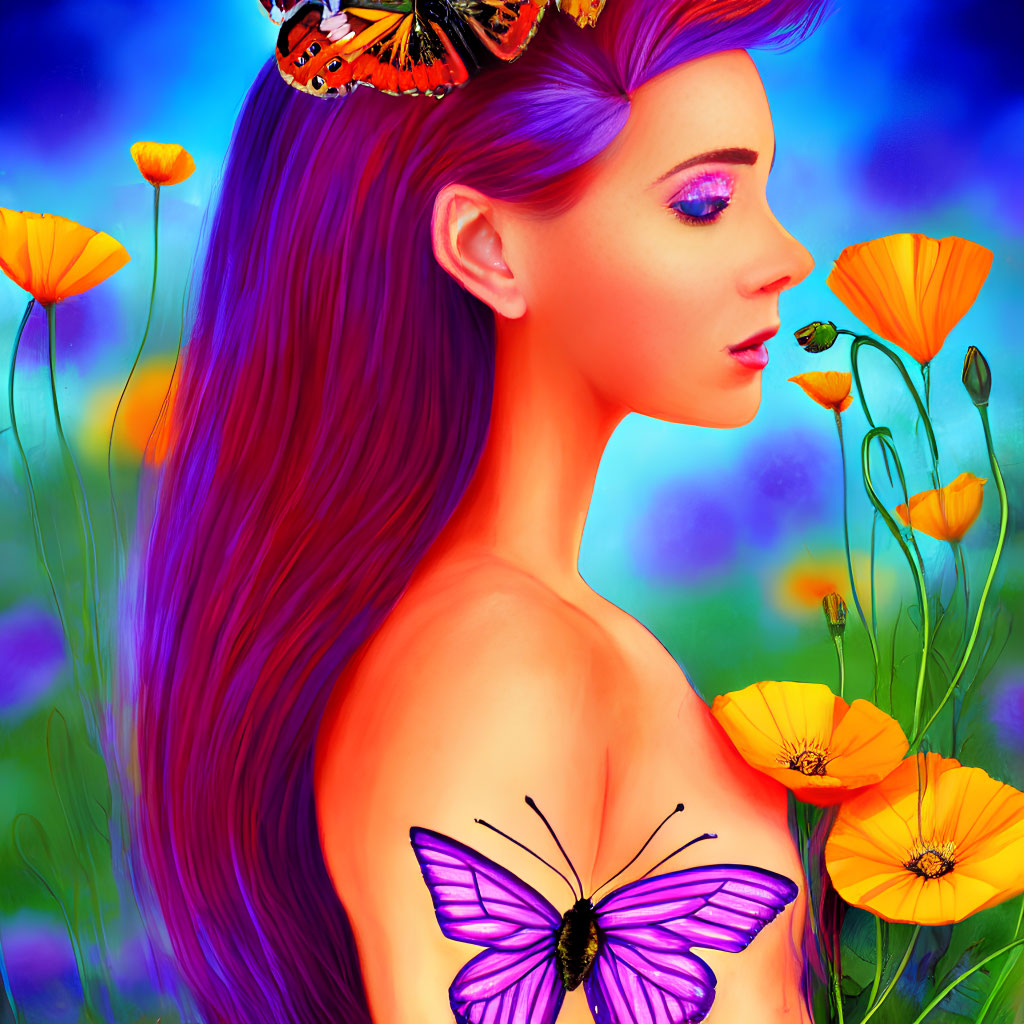 Colorful illustration: woman with purple hair, orange poppies, purple butterfly, blue background