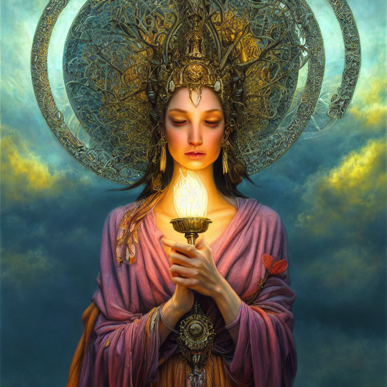 Serene woman with elaborate halo and glowing light in twilight sky