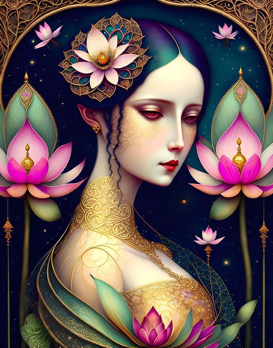 Stylized illustration of pale woman with dark hair and lotus flowers