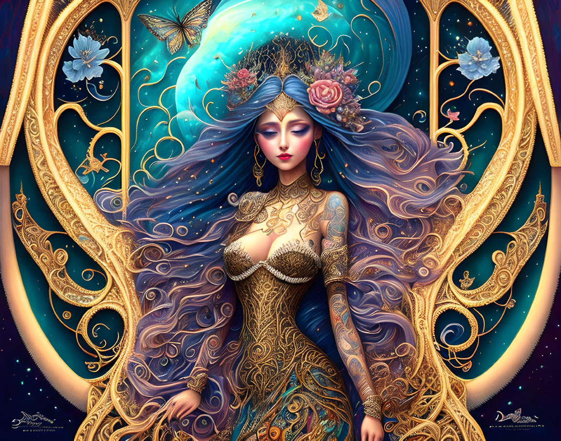 Stylized woman with golden patterns and butterflies on celestial blue background