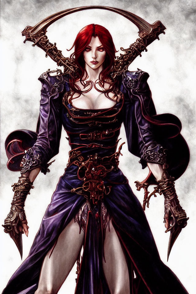 Illustration of woman in red hair and dark fantasy armor with circular blade.