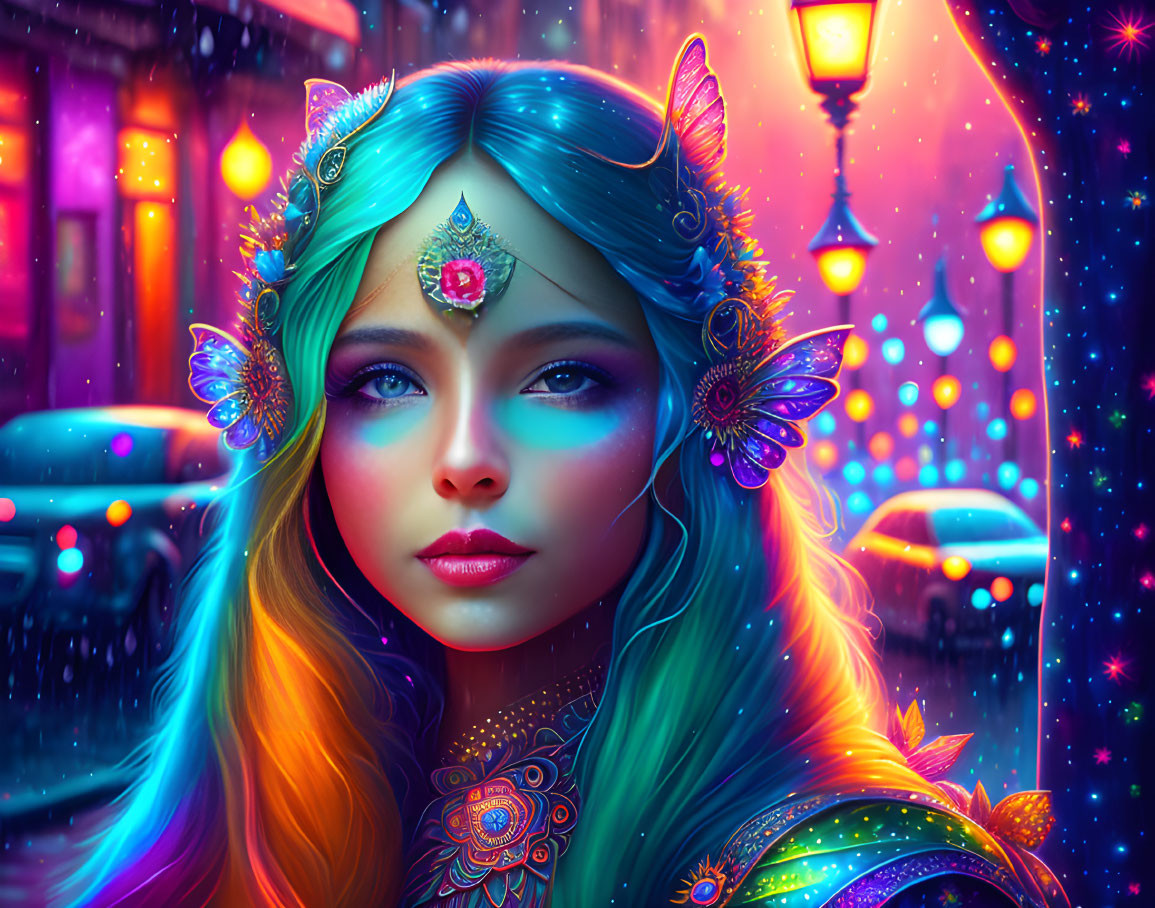 Colorful portrait of fantasy character with cat ears and butterfly accessories in neon-lit cityscape