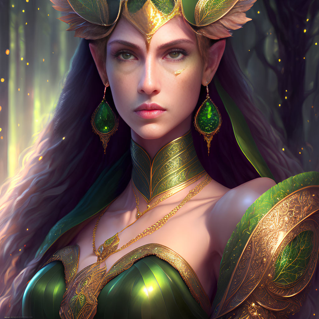 Fantasy portrait of woman in green and gold armor with leaf motifs and intricate jewelry