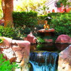 Tranquil garden with cascading waterfalls, vibrant flowers, rocks, and a hidden statue