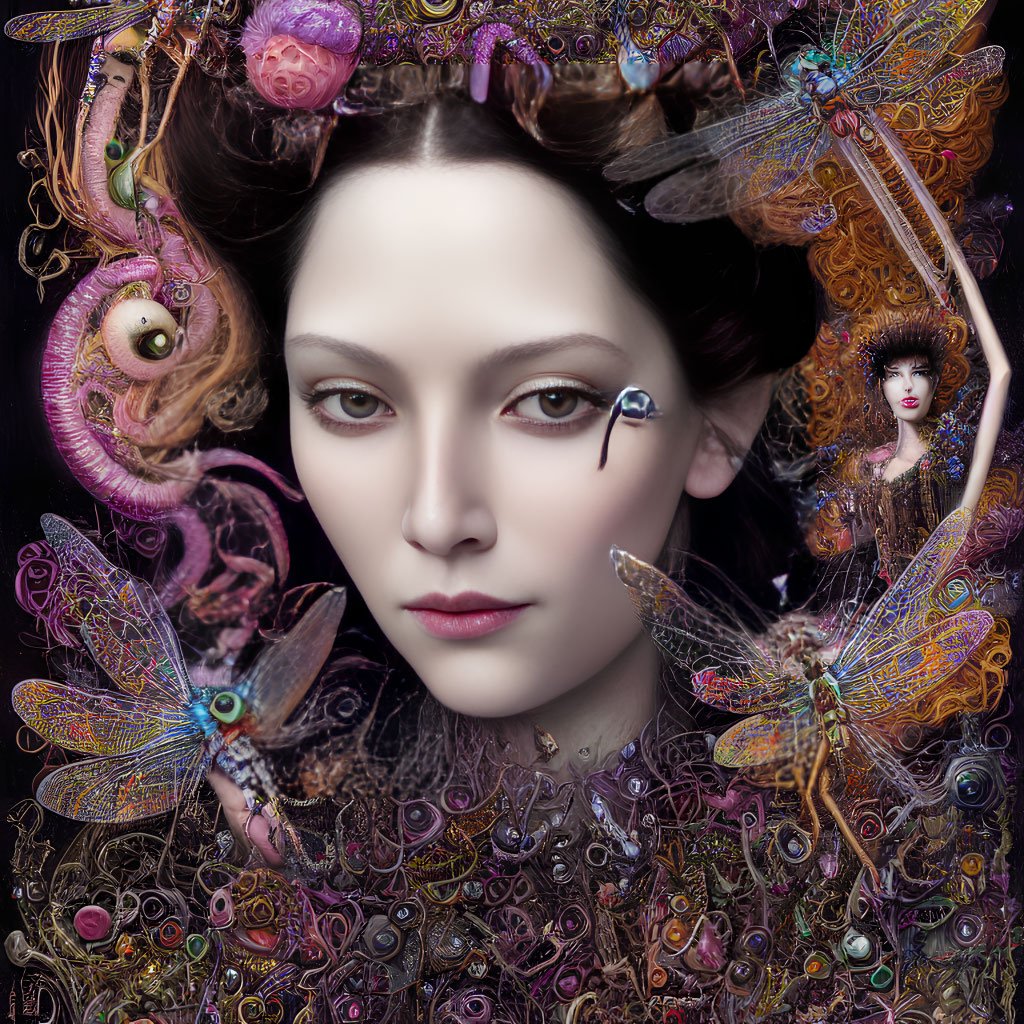 Detailed Artwork: Woman with Pale Skin, Ornate Jewelry, Metalwork & Dragonflies