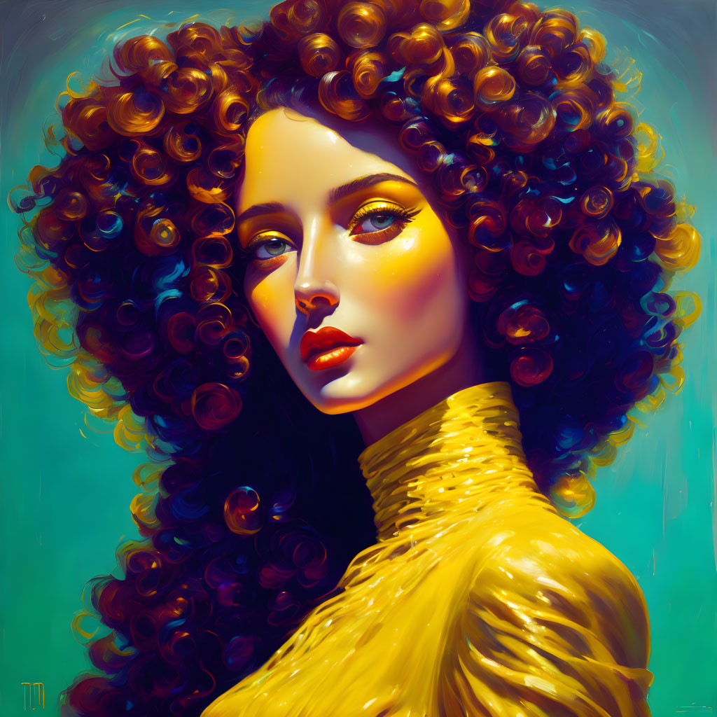 Voluminous Curly Hair Woman in Striking Yellow Attire