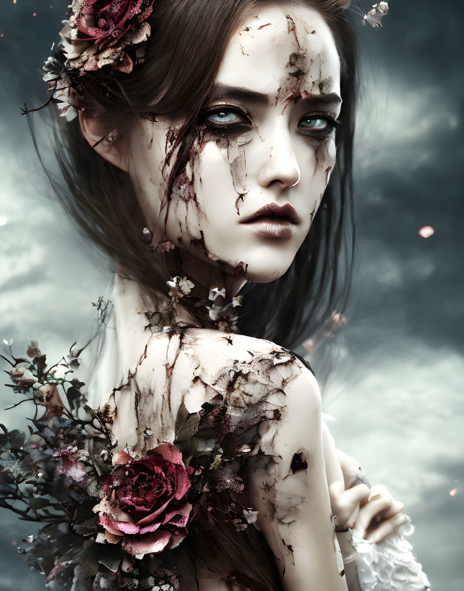 Portrait of woman with pale skin and dark floral adornments against stormy backdrop