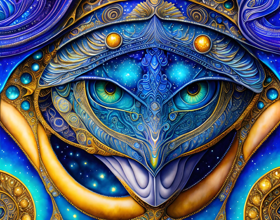 Colorful psychedelic art: Cosmic cat with multiple eyes in blue and gold hues on starry backdrop