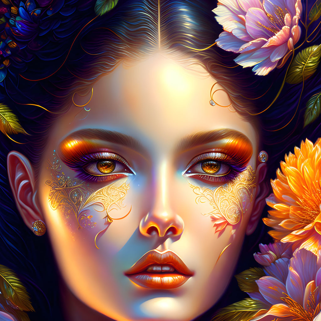 Serene woman digital painting with colorful flowers and gold filigree makeup