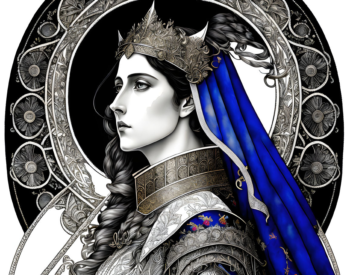 Detailed Regal Woman Portrait with Crown and Blue Cloak