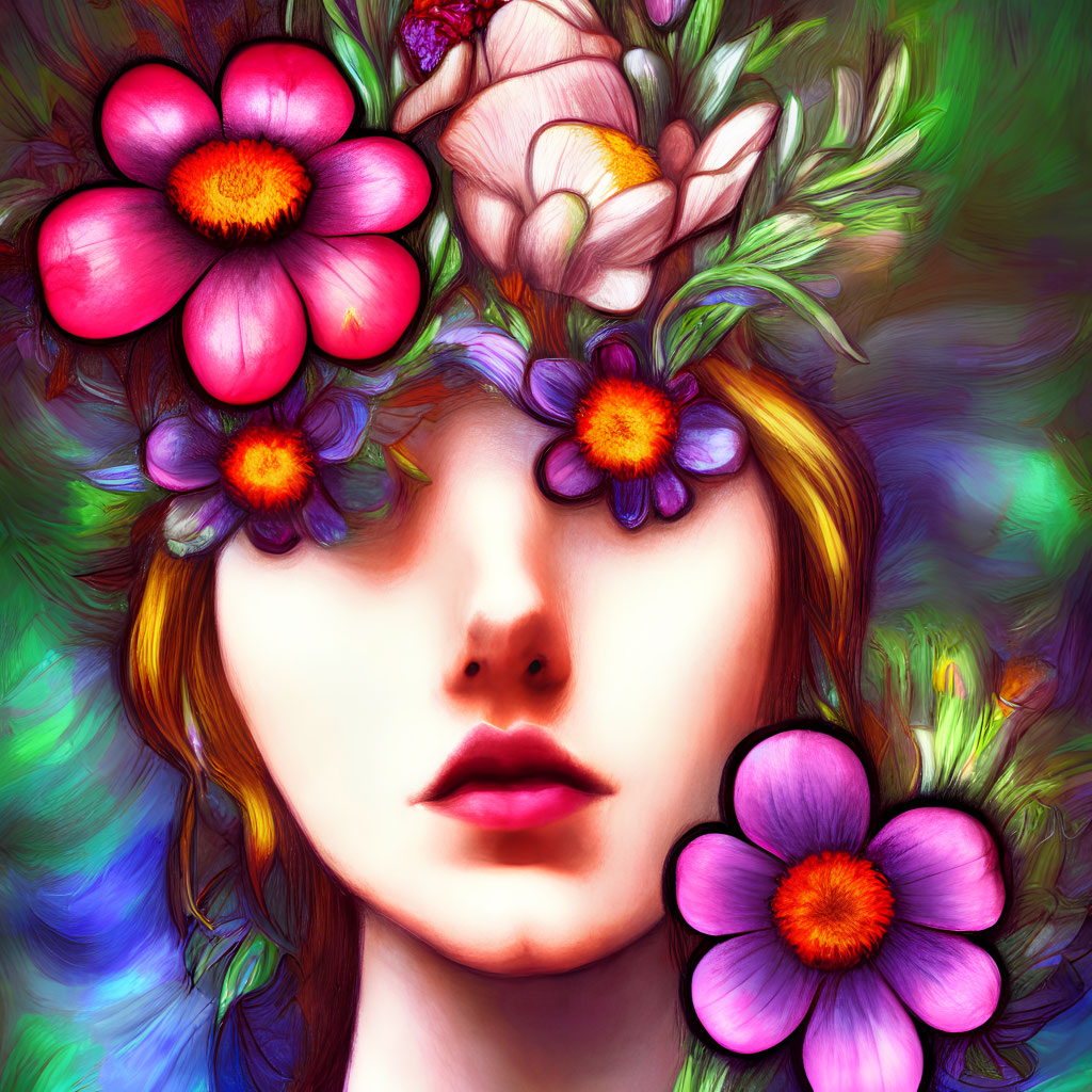 Colorful portrait with floral wreath on abstract background