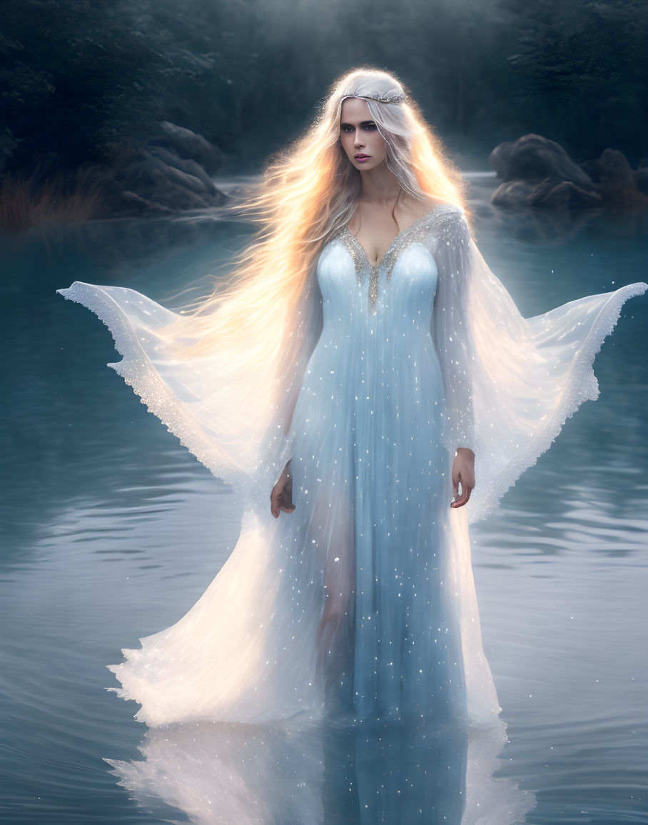 Woman in ethereal white dress standing in misty water with glowing accents