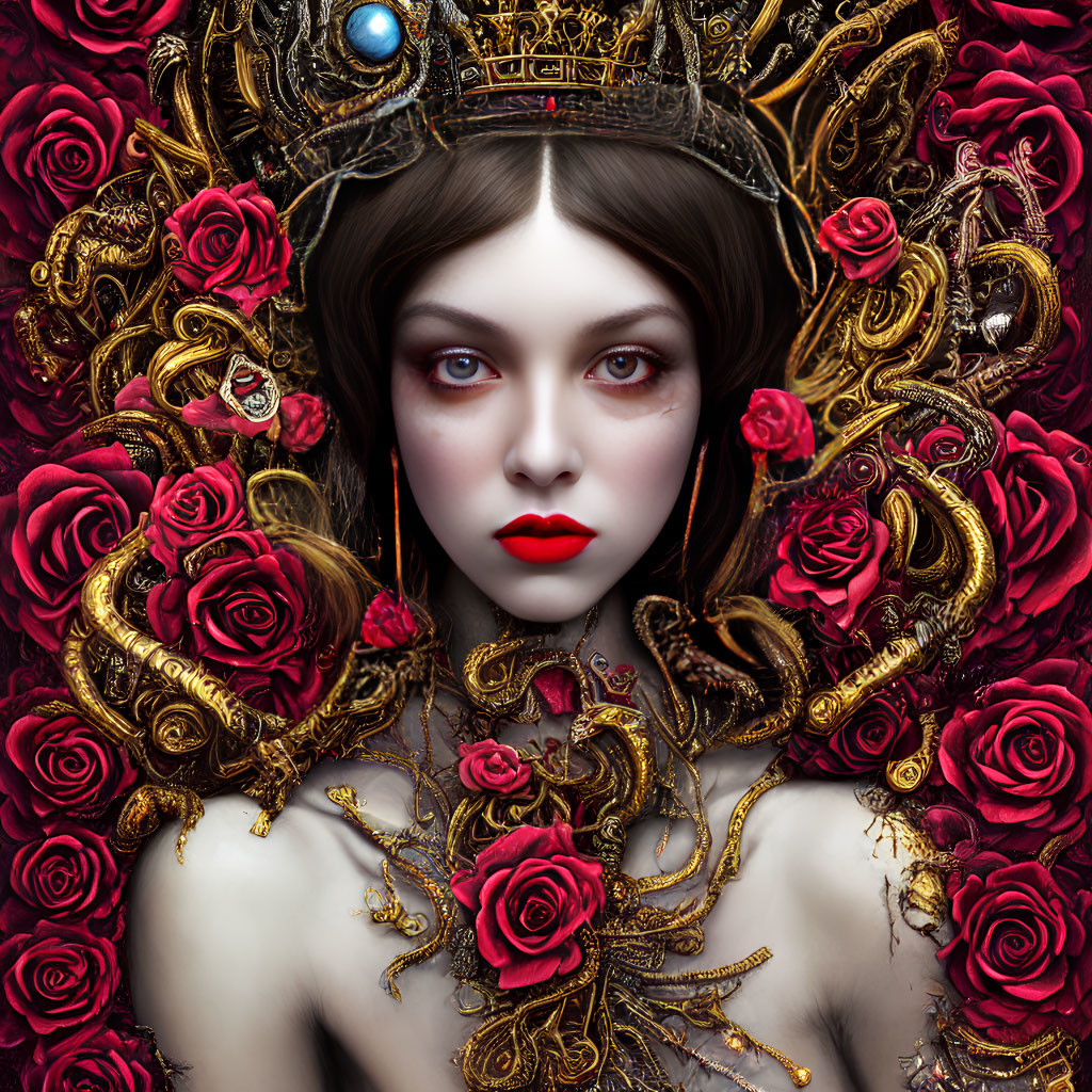 Detailed illustration of female figure with pale skin, red lips, ornate crown with red roses, gold