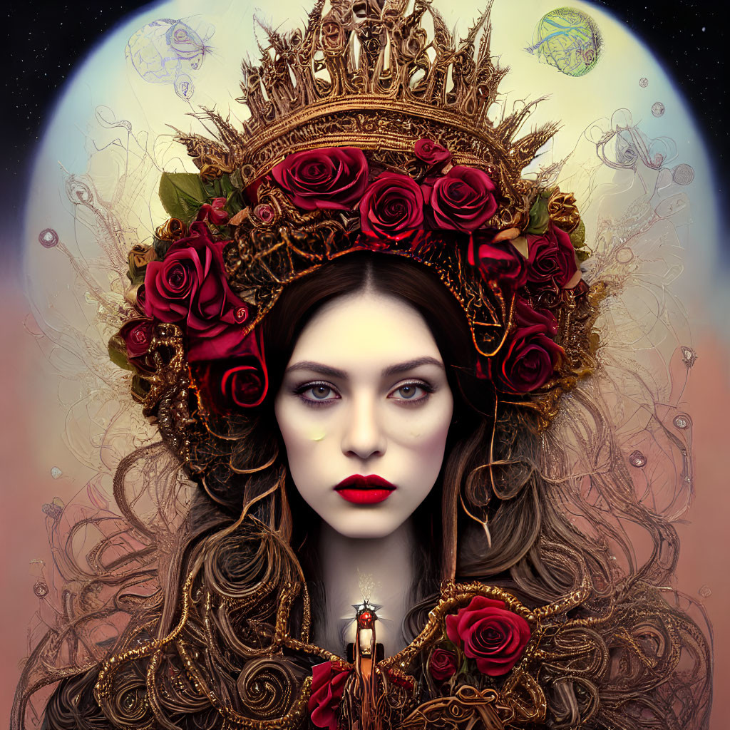 Regal woman with gold headdress and ornate jewelry in celestial setting