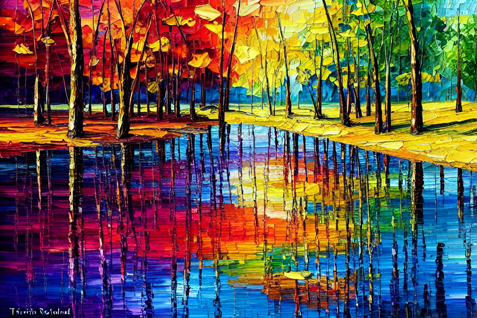 Colorful autumn riverside painting with vibrant palette and expressive brushwork