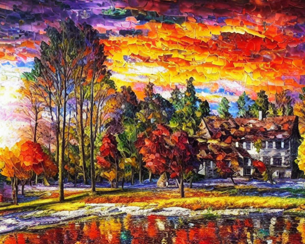 Colorful Lakeside House Painting with Autumn Trees and Sunset Sky