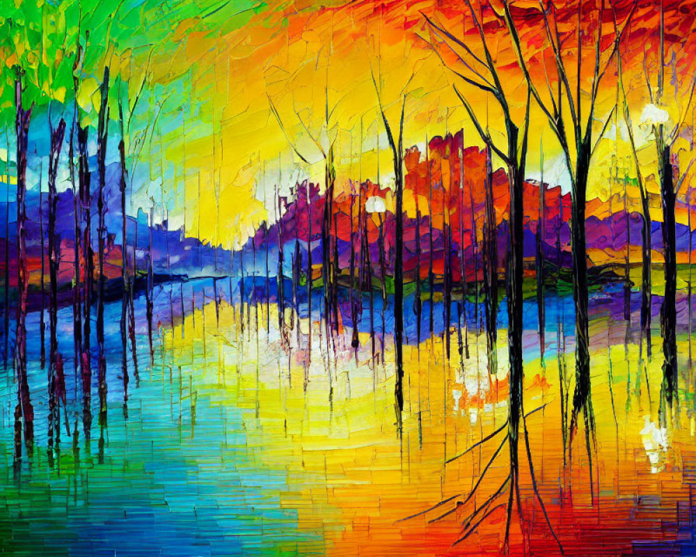 Colorful Impressionistic Landscape Painting with Trees and Sunset Sky